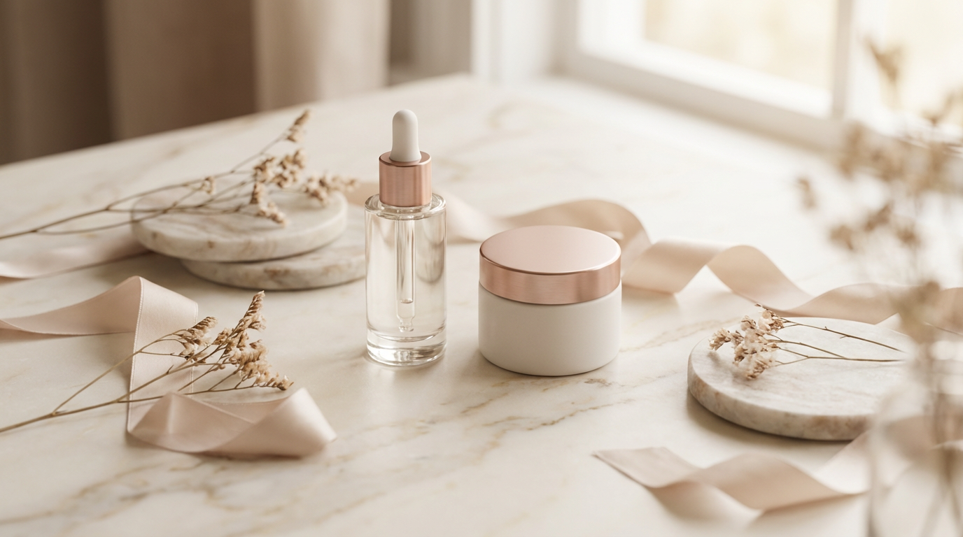 Premium cosmetic products arranged on soft neutral background